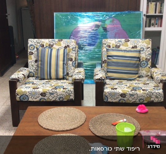 כריות על כורסאות עם ריפוד פרחוני ופסים